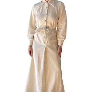Vintage 1970s Toni Todd White Pointed Collar Disco Mid Mod Maxi Dress Sz M